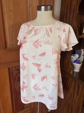 ModCloth Cream Top with Coral Travel Print